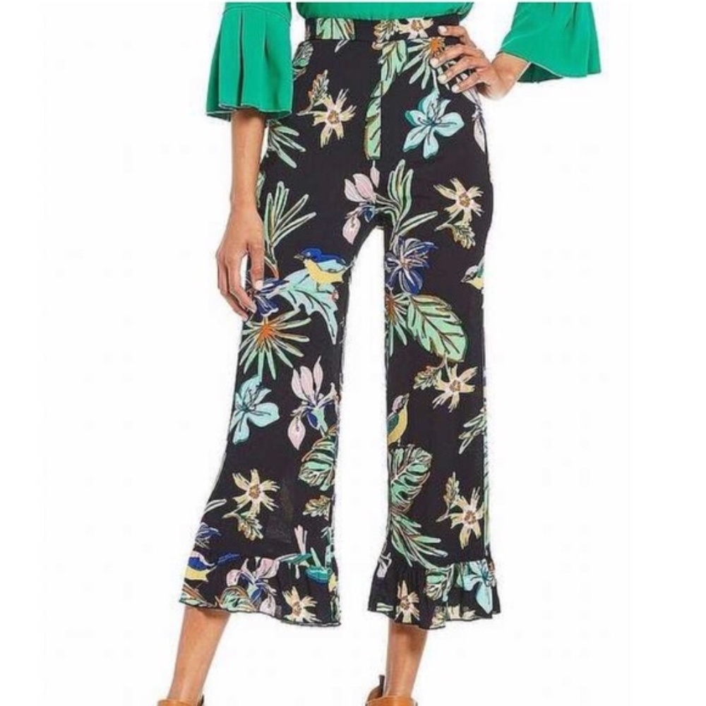Rare John Mark 14 XL Capri Cropped Ruffled Wide Leg Palazzo Tropical Birds Pants